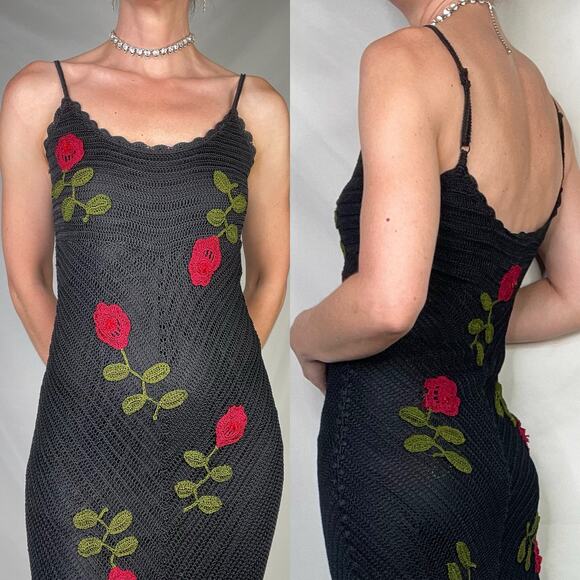 Cache crochet beaded rose floral embroidered maxi dress cocktail fringe hem S - Picture 15 of 17